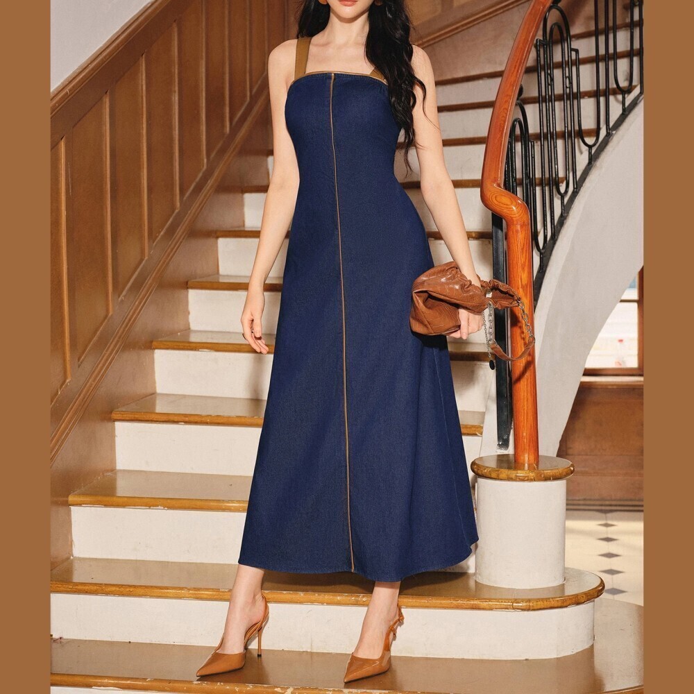 Navy Denim Contrast Piping Square Neck Sleeveless A-Line Maxi Dress